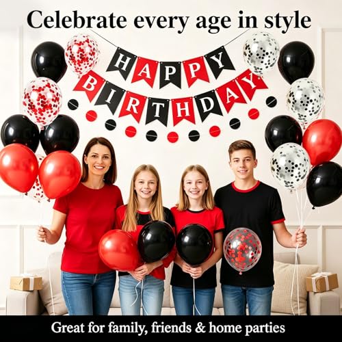 Black and Red Birthday Decorations Set - Banner, Balloons & Garland