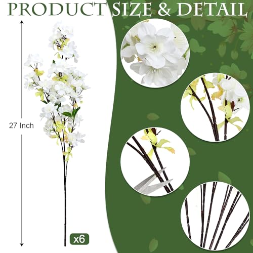 6Pcs 27" White Artificial Cherry Blossom Branches – Silk Floral Decor
