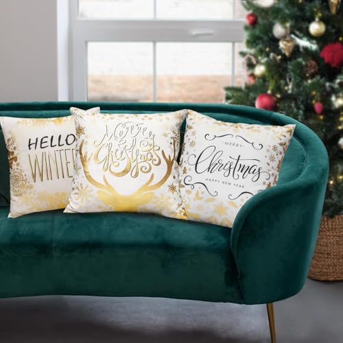 Christmas White Gold Velvet Throw Pillow Covers 18x18 - Set of 2