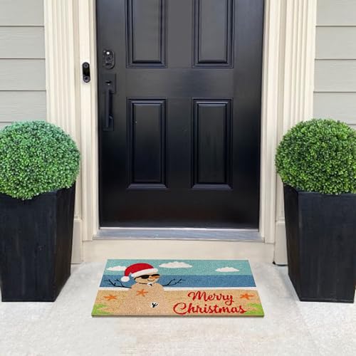 Coastal Christmas Coco Coir Door Mat with Non-Slip Backing - 18x30 Inches - Easy to Clean Welcome Mat - Holiday Outdoor Decor - Variation: Multi