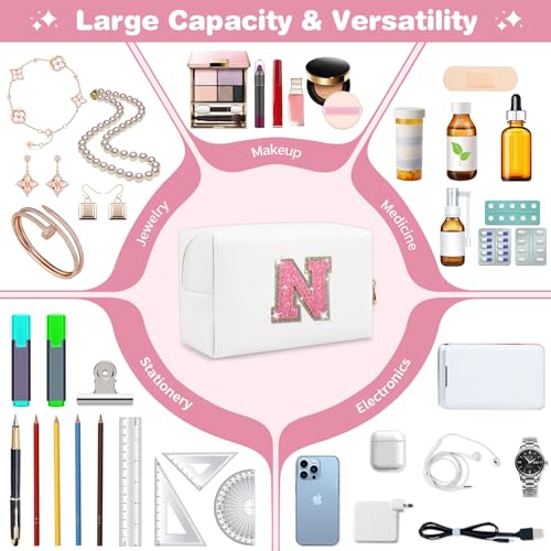 ChaoGreat Personalized Initial Makeup Bag - White PU Leather Glitter Letter Toiletry Pouch