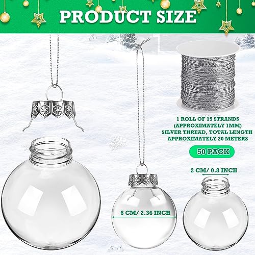 50pcs Clear Fillable Christmas Ornament Balls 2.36 Inch with Silver Rope Set