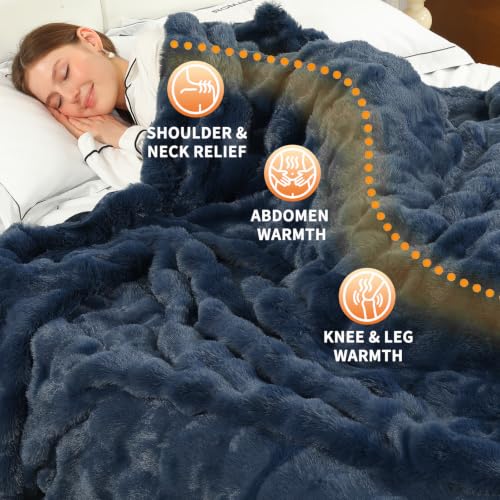 Navy Blue Flannel & Faux Fur Heated Blanket Full Size Machine Washable