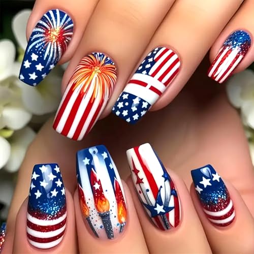 4th of July Long Press on Nails Red Blue Stars and Stripes False Nails