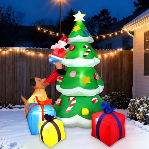 8ft Christmas Inflatable Tree with Santa, Dog & Gift Boxes - Outdoor Yard Decor