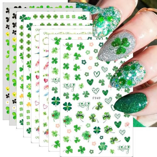 St. Patrick's Day Shamrock Nail Art Stickers - 8 Sheets Green Clover Decals