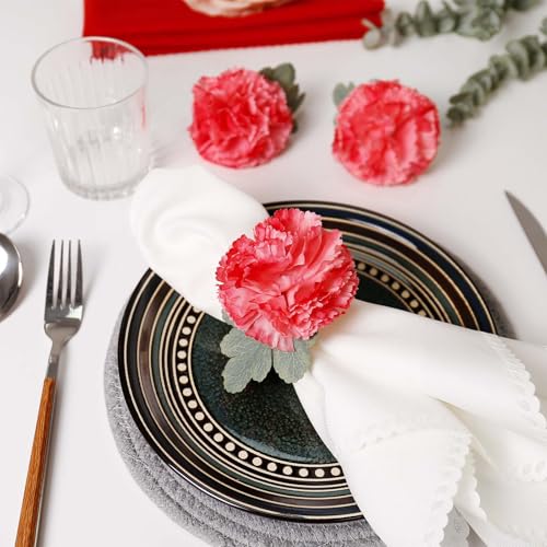 Wonlex Pink Flower Napkin Rings Set of 6, Faux Carnation Serviette Holders