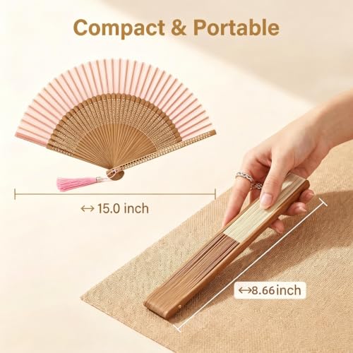 Orange Hand Held Fan for Women - Japanese Bamboo Silk Design