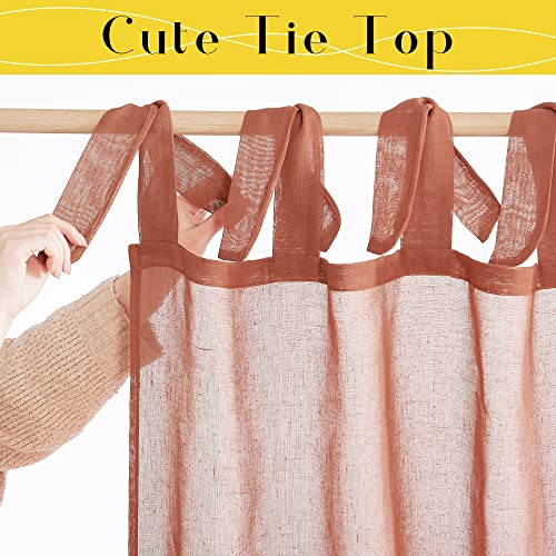 NICETOWN Burnt Orange Linen Sheer Curtains 84 inch Long 2 Panels, Adjustable Tie Top DIY Crafted Semi Sheer Linen Drapes Privacy with Light Filtering for Bedroom/Living Room, W52 x L84