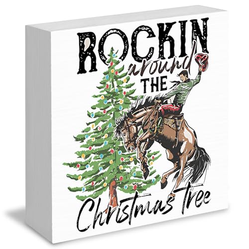 Western Cowboy Christmas Wood Sign - Rockin Variation, 5x5 Inch Holiday Decor