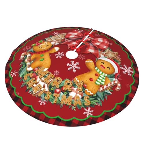 Buffalo Check Christmas Tree Skirt - 36 Inch Gingerbread Man Holiday Mat