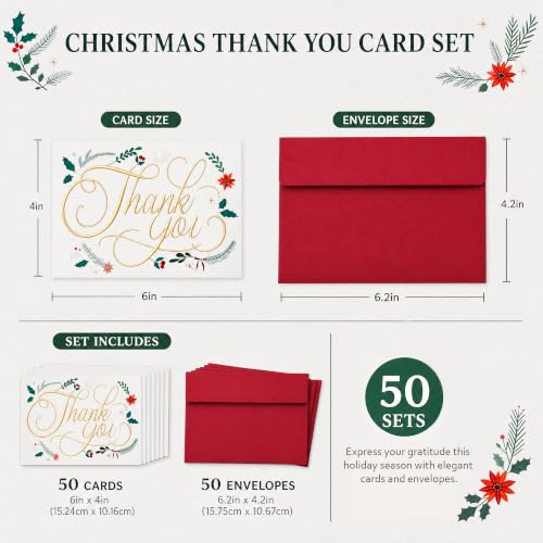 50 Pack Christmas Thank You Cards with Gold Foil & Envelopes - 4x6 Inches