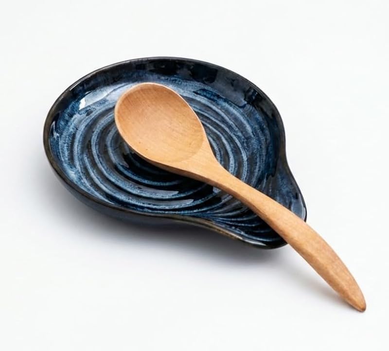Farmhouse Ceramic Spoon Rest Ocean Blue-Inner Ring | Kitchen Counter Utensil Holder