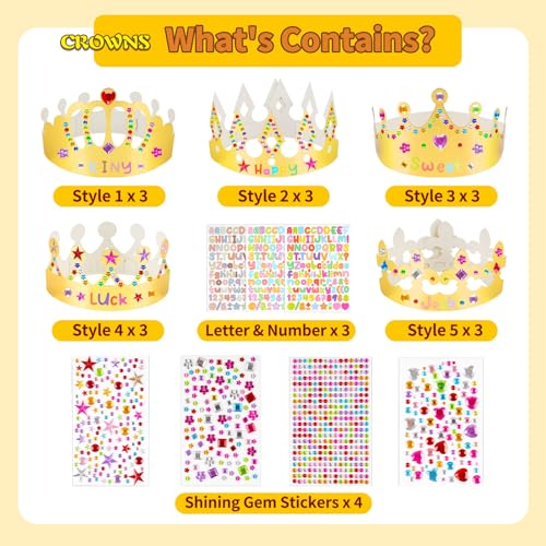 Gold Paper Crowns - 15 Pcs DIY Birthday Party Hats with Gem Stickers