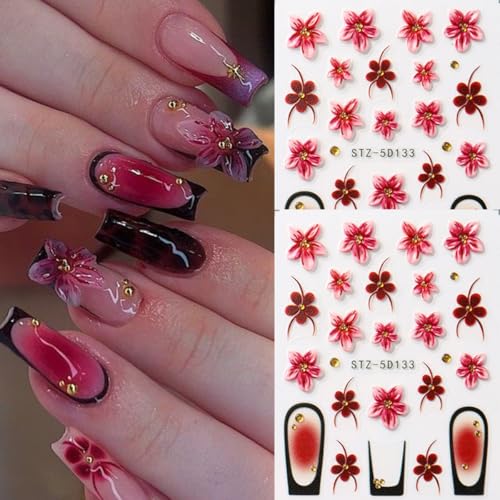 5D Embossed Flower Nail Stickers - 2 Sheets Blush French Nail Art Decals
