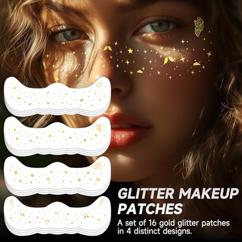 EMOME Gold Glitter Freckle Face Tattoos - 16 PCS Sparkle Makeup Patches