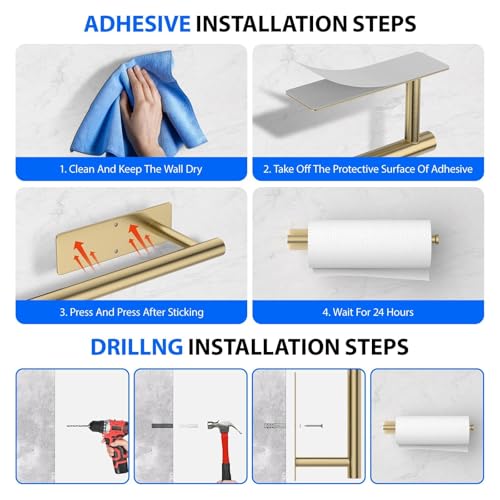 Gold Stainless Steel Paper Towel Holder - Wall-Mounted, No Drilling, 1 Pack