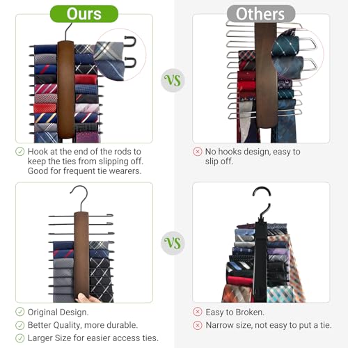 Mkono Wooden Tie Rack Holder with 20 Rotating Hooks - Space Saving Organizer