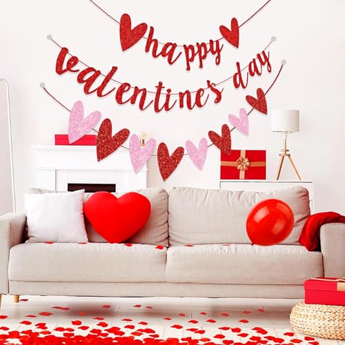 Happy Valentine's Day Glitter Banner with Heart Garland - 9.8 ft