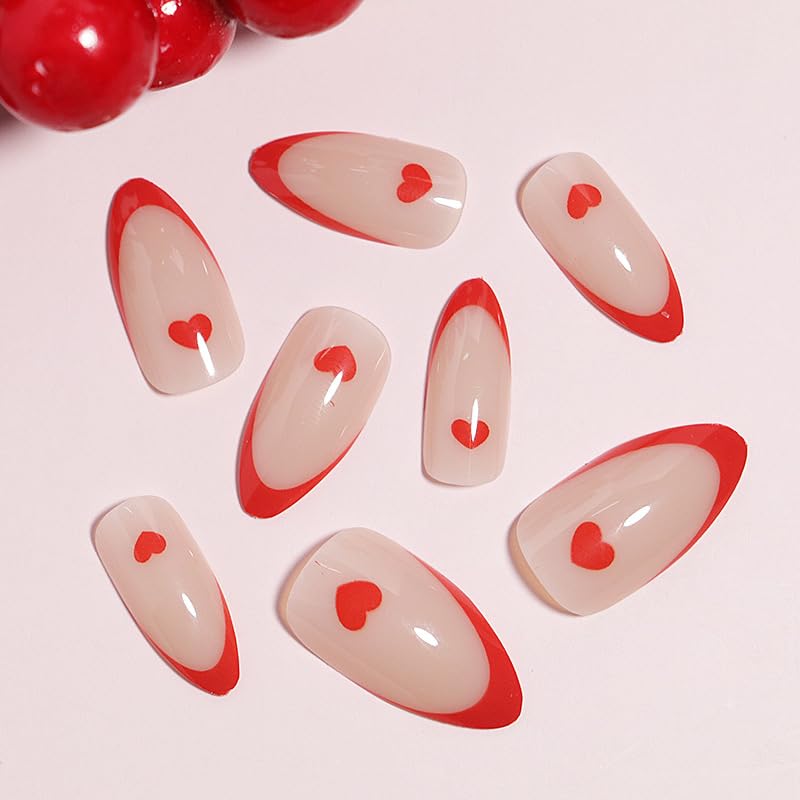 Valentines Press-On Nails Medium French Tip Heart Red Acrylic Fake Nails
