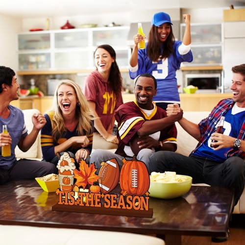 Fall Wooden Table Centerpiece Decor - Football, Pumpkin & Leaf Design, 11.8x6 Inches