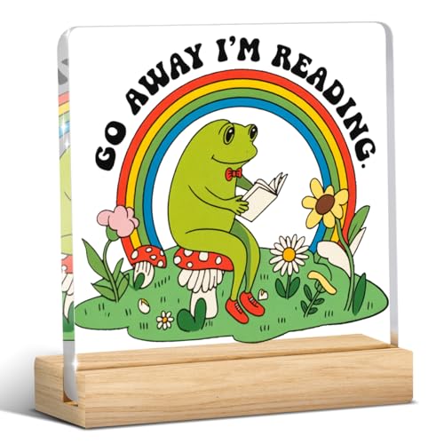 Go Away I'm Reading Funny Book Lover Acrylic Sign with Wooden Base - Office Desk Shelf Decor