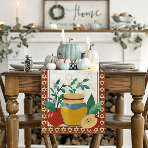 Honey Rosh Hashanah Table Runner 13x120 Inch - Shana Tova Holiday Decor, Red & Beige