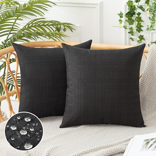 UGASA 18x18 Inch Outdoor Throw Pillow Covers (Pack of 2) - Black Plaid Waterproof Cushion Covers for Patio, Porch, Garden