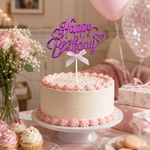 Purple Acrylic Happy Birthday Cake Topper with Heart & Bow