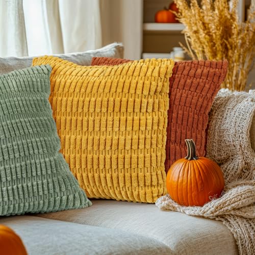 Breling Set of 4 Boho Striped Corduroy Throw Pillow Covers 18x18