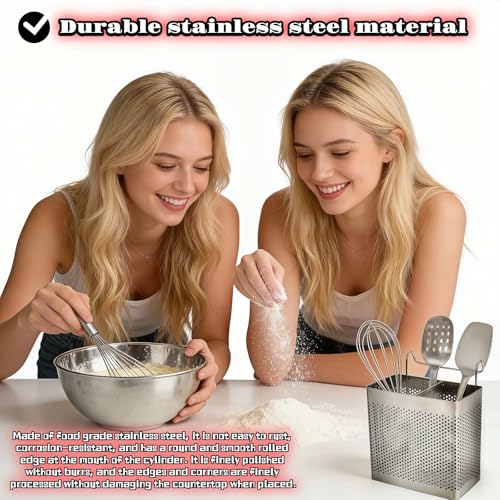 Stainless Steel Utensil Holder with Hooks - 2 Compartment Cutlery Organizer
