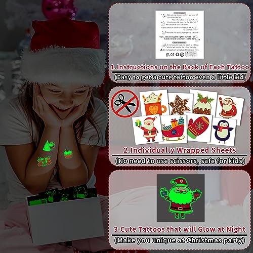 PARTYWIND Luminous Christmas Temporary Tattoos - 50 Styles Glow-in-the-Dark Stocking Stuffers for Kids