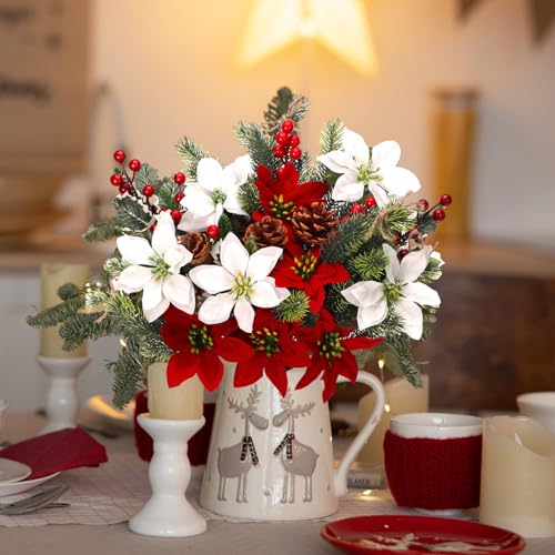 Artificial Christmas Poinsettia Flowers Stem Picks - Red, Green, White Set of 20