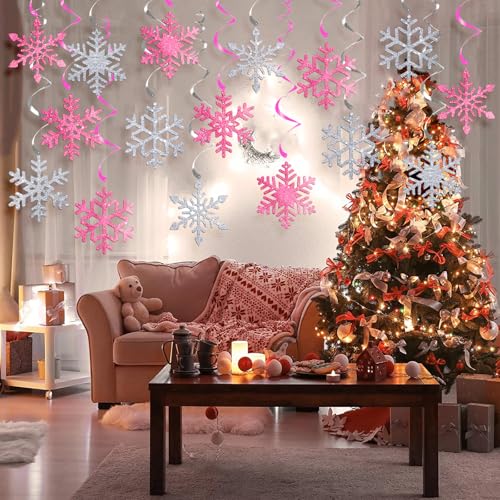 20Pcs Winter Snowflake Hanging Swirl Decorations - Pink Silver Snowflakes for Christmas Winter Wonderland Party - Variation of Snowflake Pink Silver