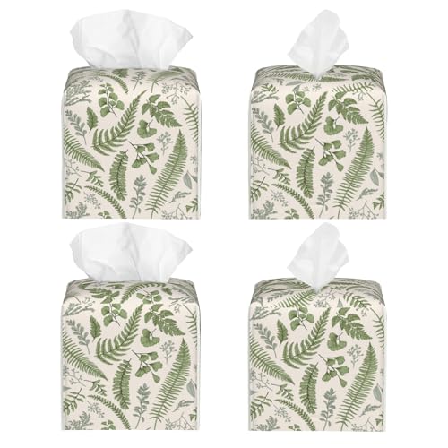 Square Leather Tissue Box Cover - Leaves and Herbs Pattern - 5.2 Inch
