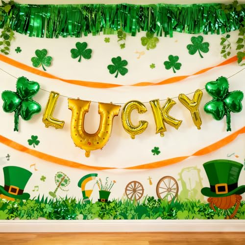 St. Patrick's Day LUCKY Balloon Banner with Shamrock Foil Balloons