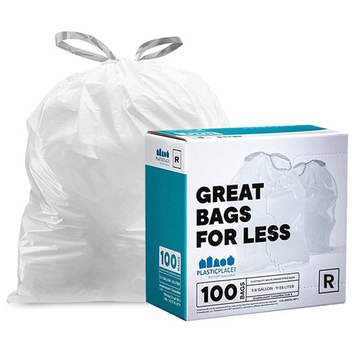 Plasticplace Custom Fit Trash Bags, Compatible with Simplehuman Code R (100 Count) White Drawstring Garbage Liners 2.6 Gallon/ 10 Liter 16.5" x 18"