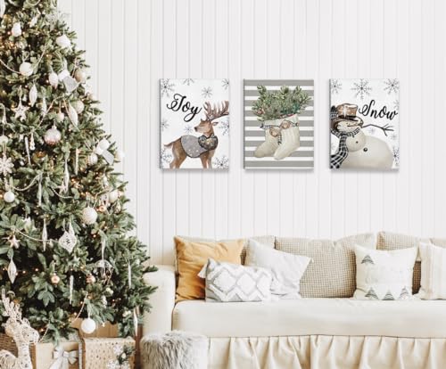 Christmas Wall Art Prints Set of 3 - Reindeer Snowman Holiday Decor 11x14 Inches