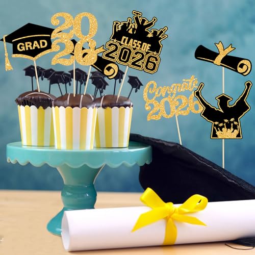 36 Graduation Cupcake Toppers - Black Gold Class of 2026