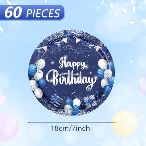 50-Pack 7-Inch Blue and Silver Birthday Paper Plates, Disposable Dessert Plates
