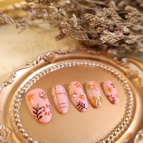 Fall Press On Nails Short Almond Thanksgiving Fake Nails with Rhinestones