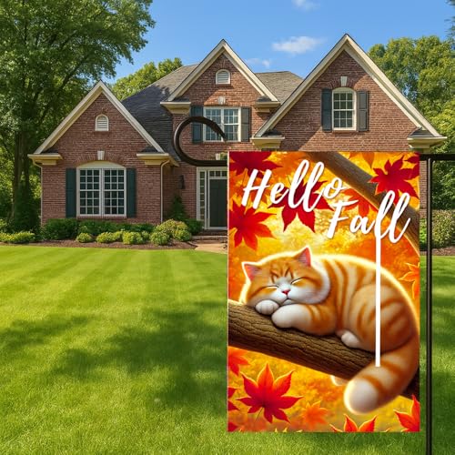 Hello Fall Garden Flag 12x18 Inch - Cute Cat & Maple Leaves