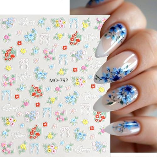 5D Embossed Floral Nail Stickers - Blue Flowers & Bows Self-Adhesive Art Decals (3 Sheets)