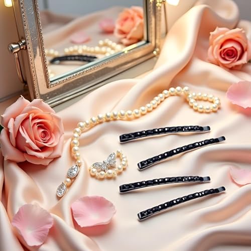 Black Rhinestone Bobby Pins Set of 4 Sparkling Crystal Hair Barrettes