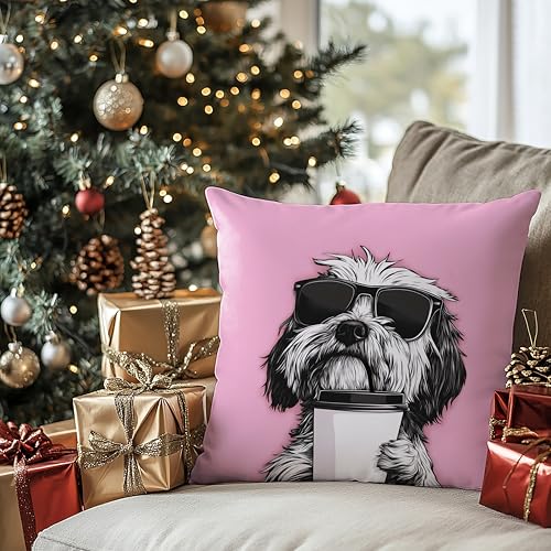 FITIE Pink Shih Tzu Dog Pillow Cover 18x18, Animal Gift for Women, Home Decor - Variation 03