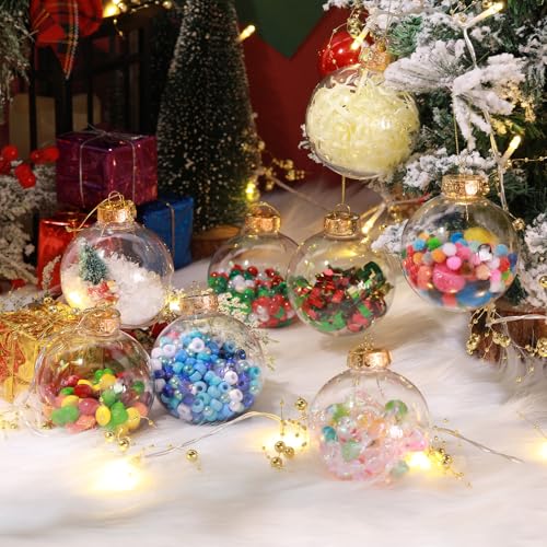 50 Pcs 3.15 Inch Clear Refillable Christmas Plastic Ornaments Rainbow Ball with Lid & Rope