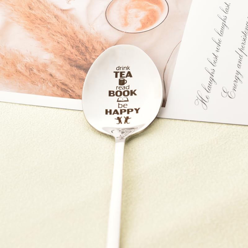 Engraved Coffee Spoon for Book Lovers - 'Drink Tea Read Book Be Happy'