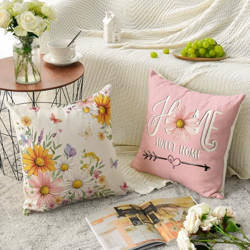 AVOIN colorlife Daisy Butterfly Throw Pillow Covers, 18x18 Pink, Set of 4