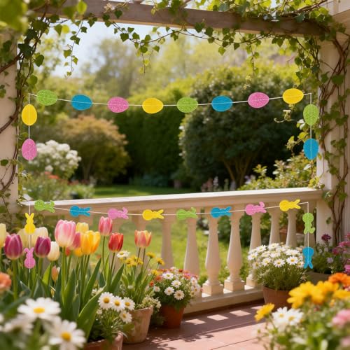 Easter Bunny and Egg Garland Decorations - 4.9FT Glitter Party Banner 2-Pack
