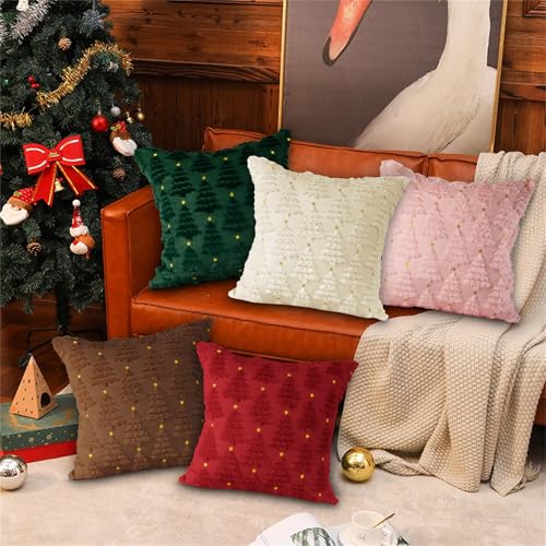 Christmas 12x12 Throw Pillow Covers Set of 2 Pink Winter Star & Tree Plush Faux Fur